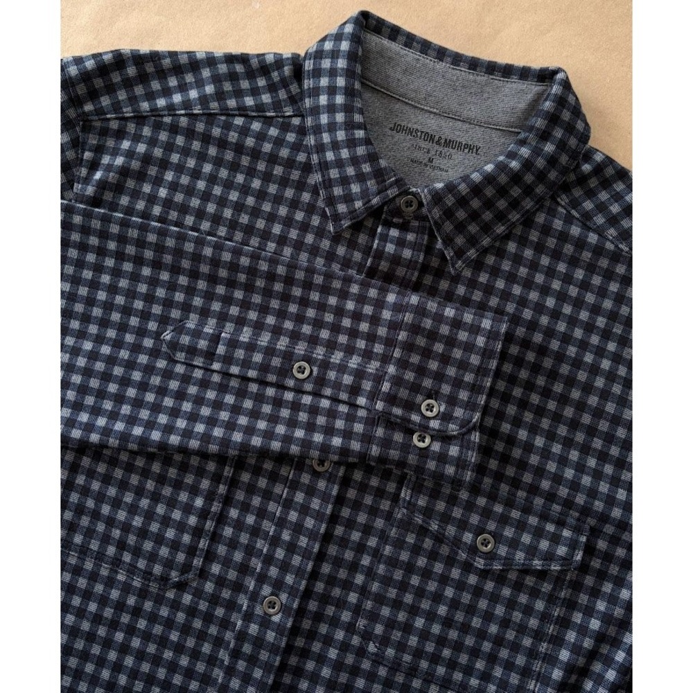 Johnston & Murphy Mens Navy Blue Plaid Knit Button Up Shirt M Outdoor Dad Preppy